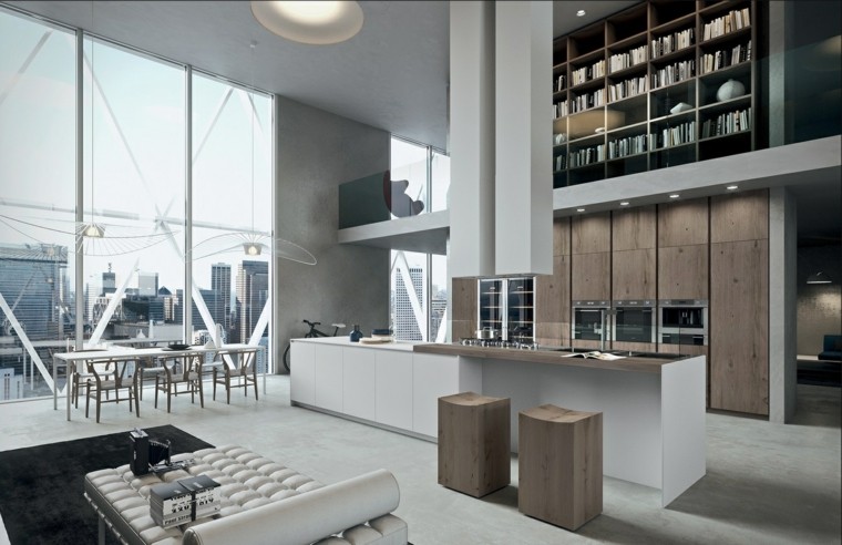 loft contemporain design moderne aménagement salon idée canapé pouf déco bibliothèque