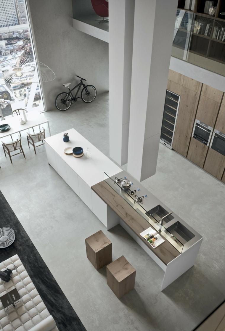 intérieur minimaliste loft design idée table bois cuisine déco îlot central