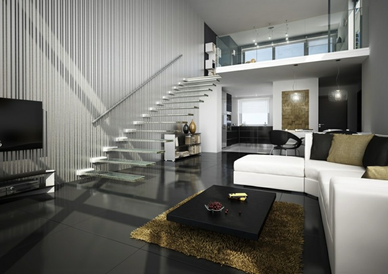 loft contemporain design idée aménagement salon canapé d'angle blanc tapis de sol table basse noire escalier 