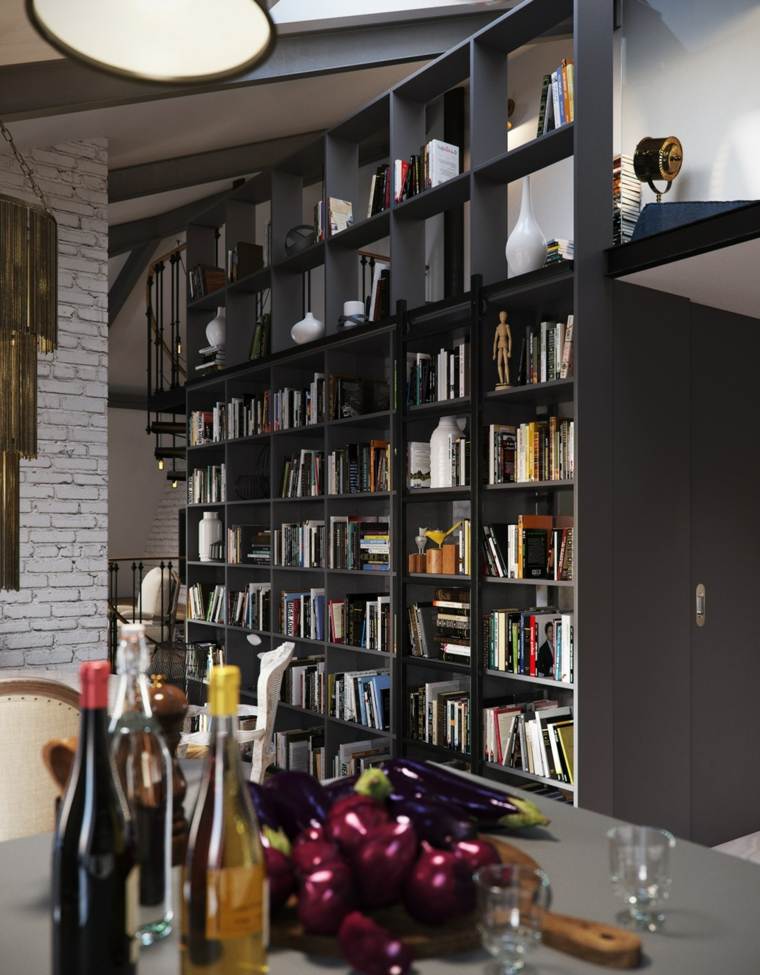 design loft contemporain idée bibliothèque design bois rangement déco