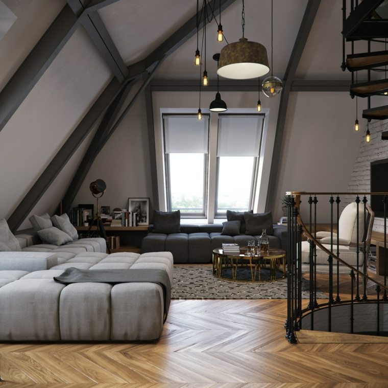 design intérieur salon canapé gris moderne luminaire suspendu design parquet bois tapis de sol table basse