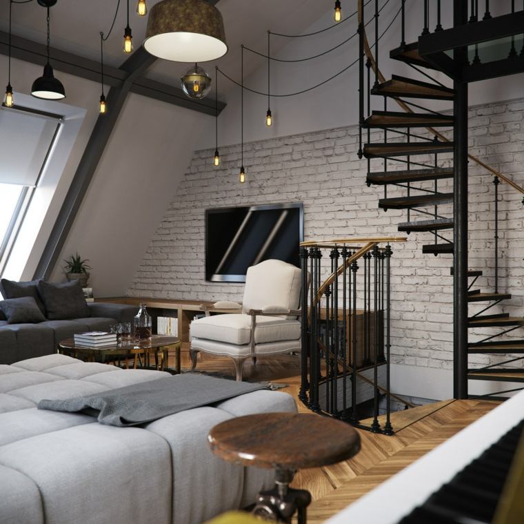 intérieur loft contemporain design moderne idée luminaire suspendu table bois fauteuil blanc