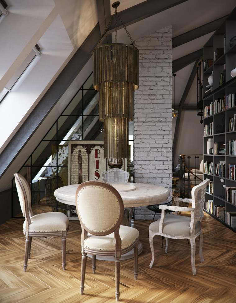 design intérieur salle à manger moderne luminaire suspension fauteuil table bois bibli