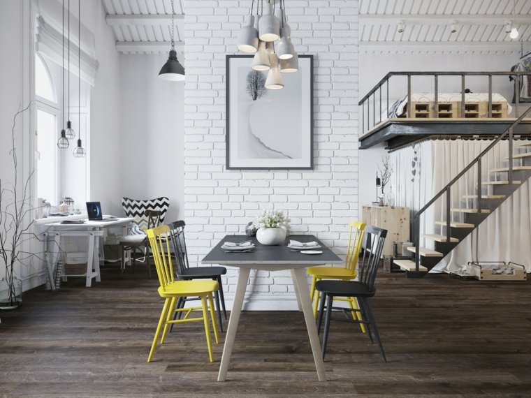 loft moderne design aménagement idée déco table en bois chaise bois jaune luminaire suspension moderne 