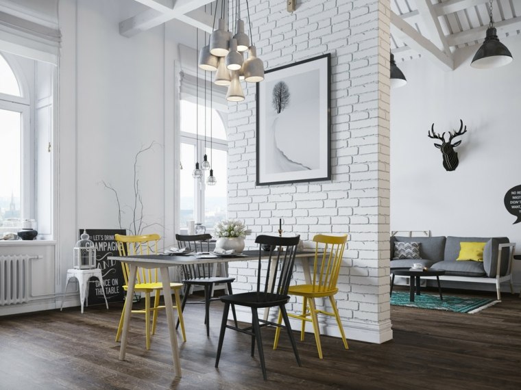 loft moderne aménagement idée table en bois luminaire industriel suspension chaise bois mur briques déco