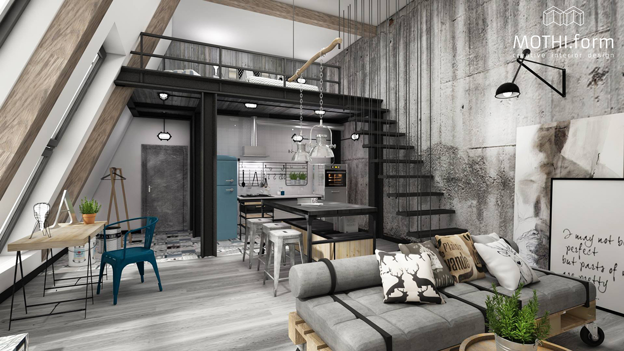 loft contemporain idée aménagement canapé gris palette bois mobilier design cuisine luminaire style industriel