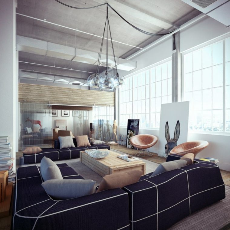 design d'intérieur moderne studio idée canapé d'angle salon luminaire style industriel fauteuil rose 