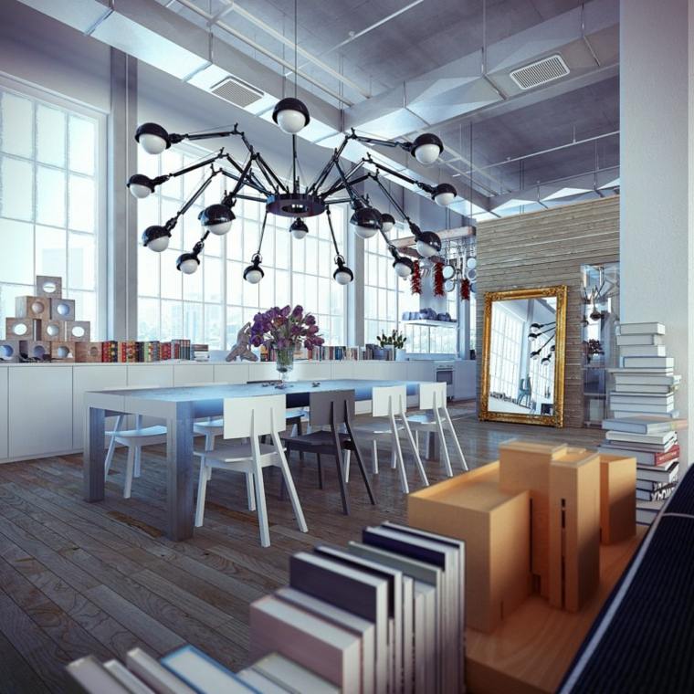 intérieur design moderne ando studio luminaire suspension idée déco livres cadre miroir