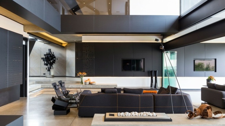 maison design contemporain canapé noir coussins idée intérieur déco
