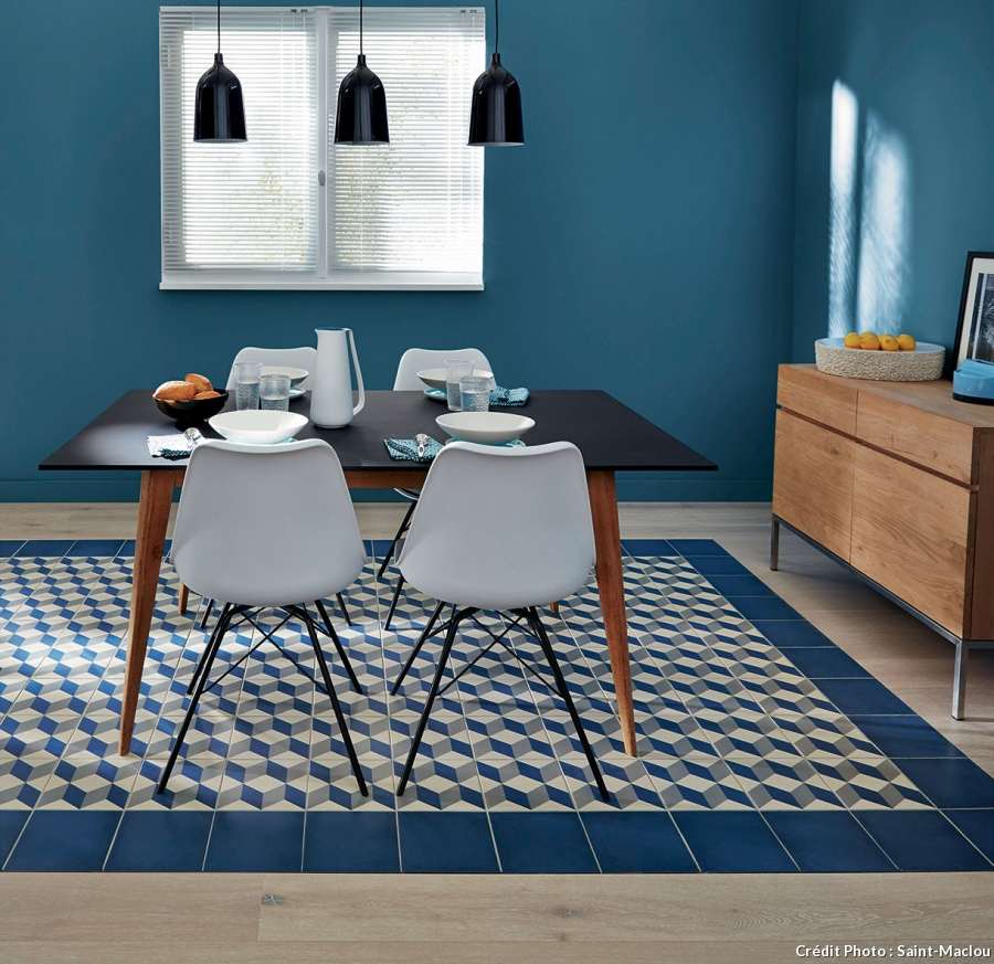 cuisine bleue salle à manger idée séparer espace luminaire