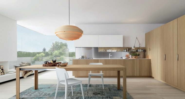 séparation pièce cuisine salon design luminaire suspendu moderne chaise blanche tapis de sol 
