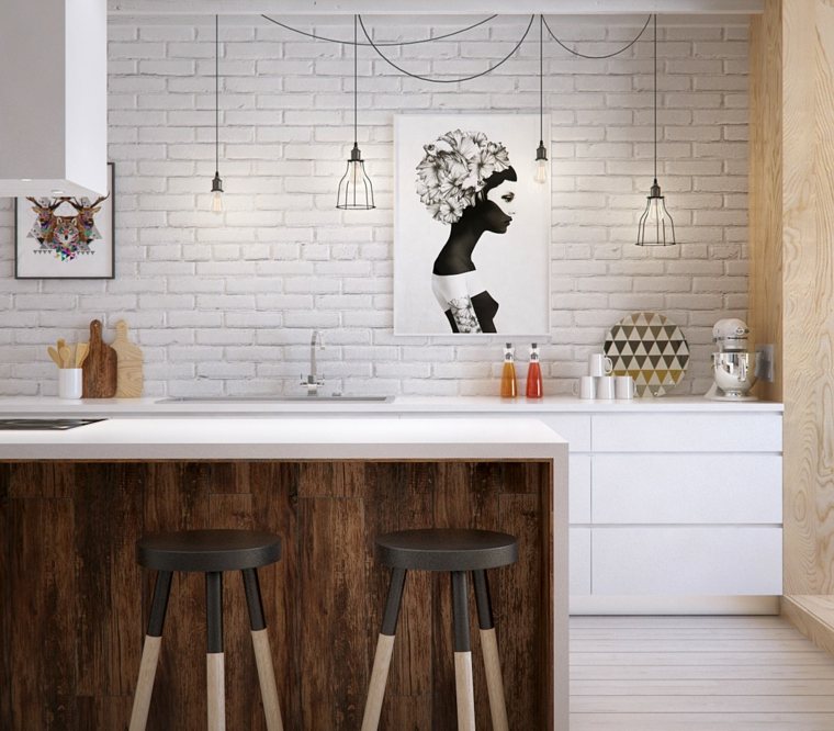 meuble séparation cuisine salon bar bois design tabourets luminaire suspension design déco mur tableau idée 