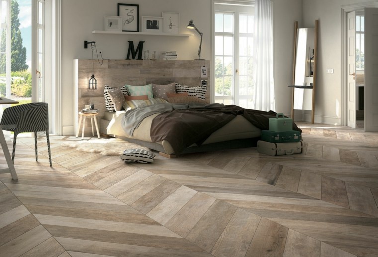 carrelage effet parquet bois design chambre à coucher lit idée tête de lit bois déco mur