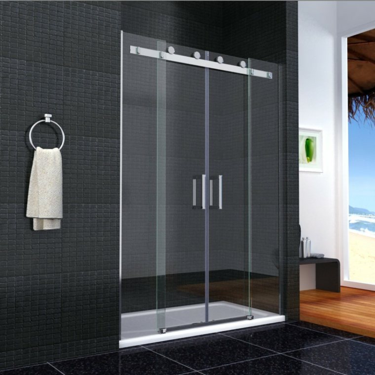 salle de bains carrelage noir idée paroi verre cabine