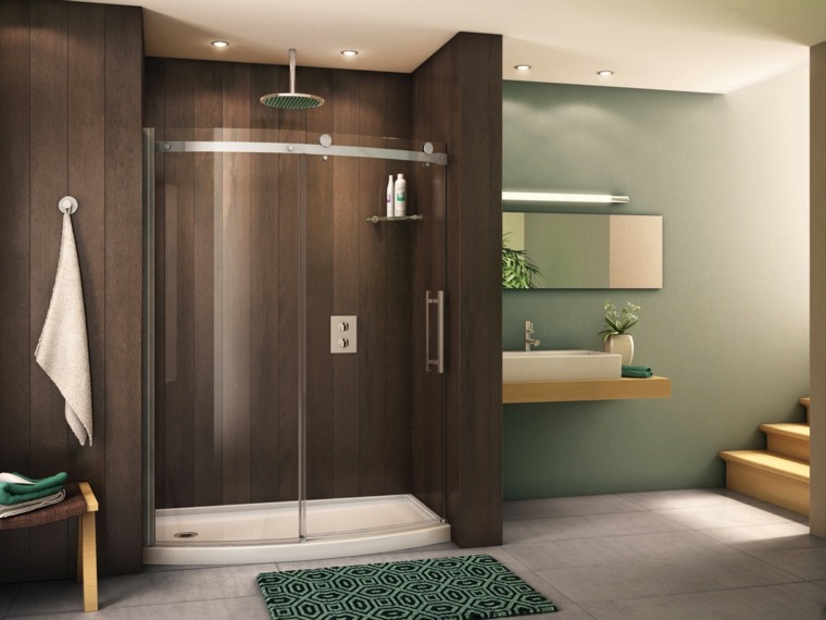 salle de bain bois design déco douche italienne tapis de sol 