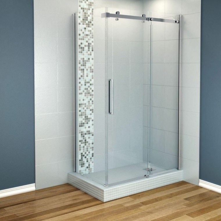 salle de bain cabine douche idée paroi verre parquet bois