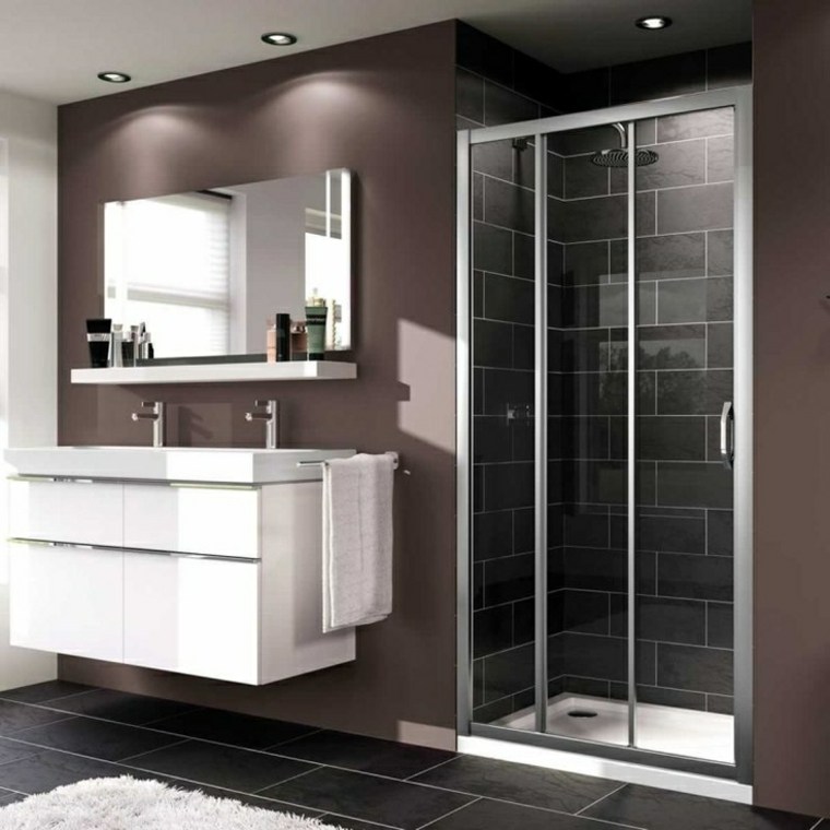 salle de bain carrelage noir mobilier bois idée miroir cabine douche paroi