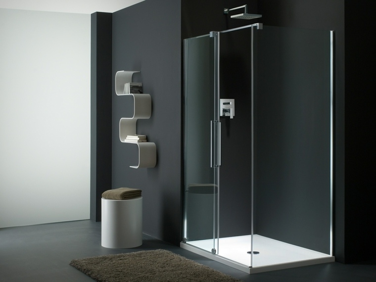 salle de bain idée aménagement cabine douche carrelage noir tapis de sol marron