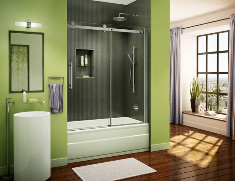salle de bain verte design cabine de douche idée tapis de sol parquet bois
