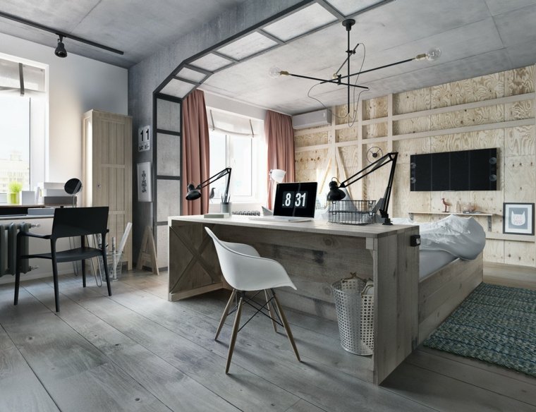 intérieur contemporain chambre à coucher lit bois design chaise blanche déco bureau tapis de sol moderne chaise noire 
