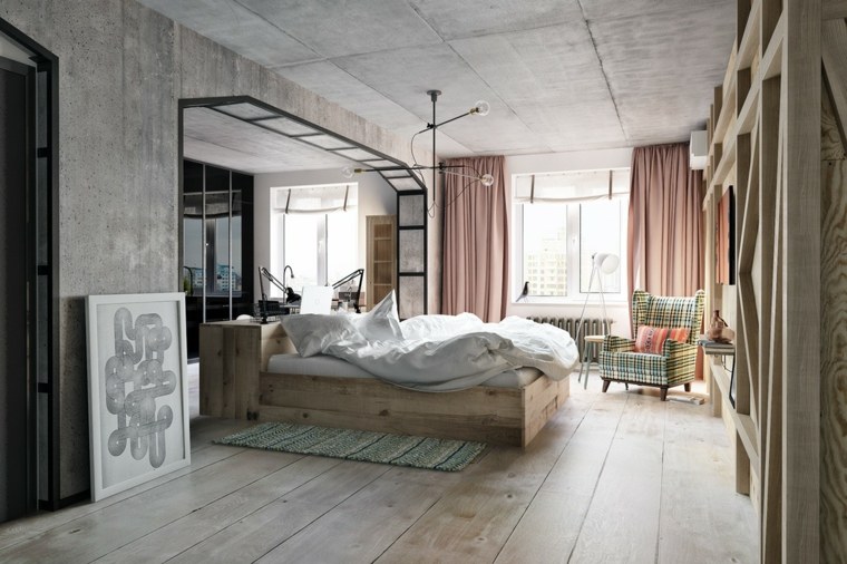 intérieur salon design idée aménagement espace loft moderne chambre à coucher lit bois déco tableau