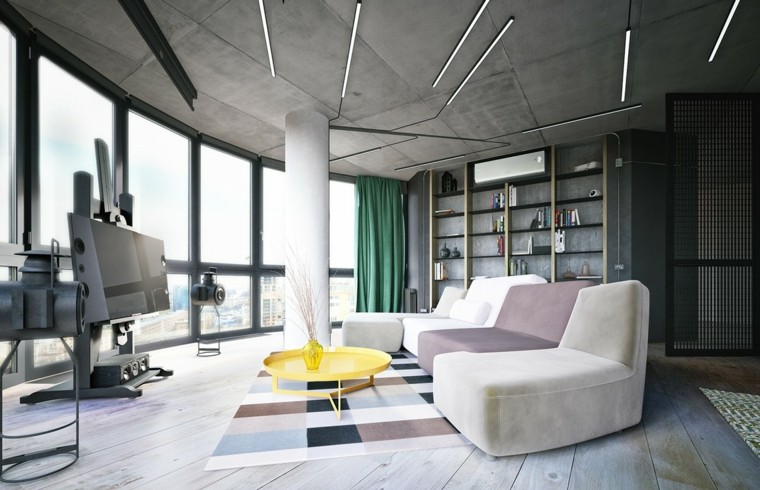 intérieur loft design tapis de sol canapé design blanc moderne télé bibliothèque