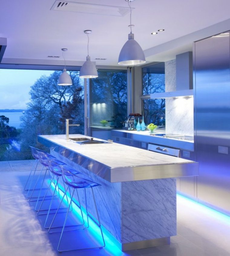 meuble séparation cuisine salon îlot central luminaire suspension idée intérieur moderne