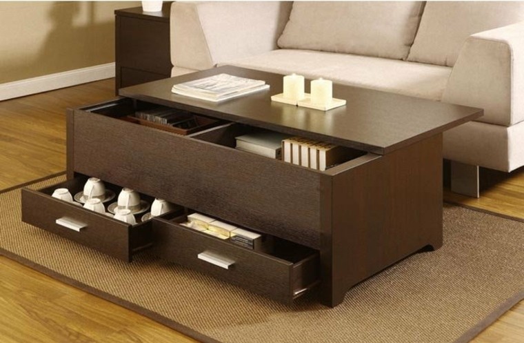 table bois tiroir design gain de place salon tapis de sol beige canapé blanc