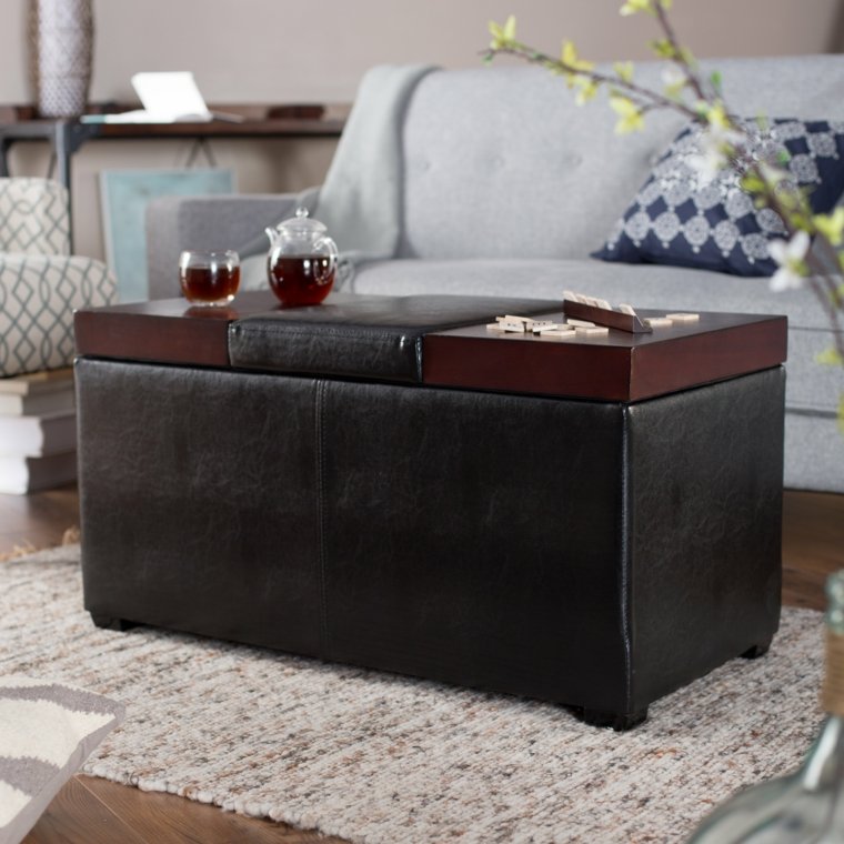 table salon rangement cuir bois design aménagement canapé gris coussins tapis de sol