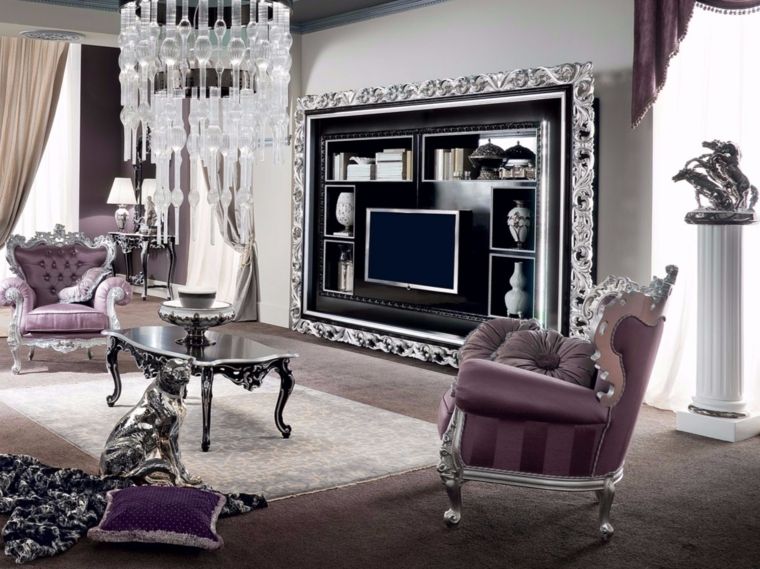 salon violet noir design idée table basse salon fauteuil violet déco luminaire suspension design idée meubl tv