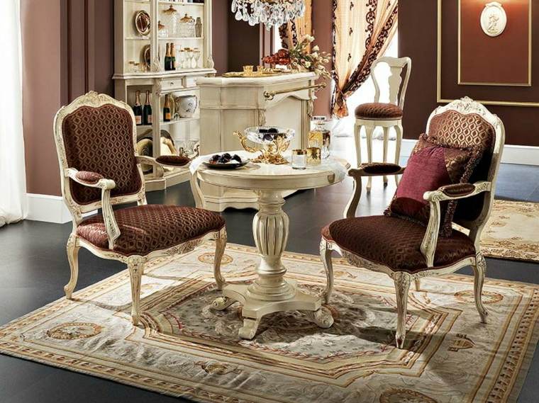 table basse ronde bois fauteuil design aménagement style baroque tapis sol