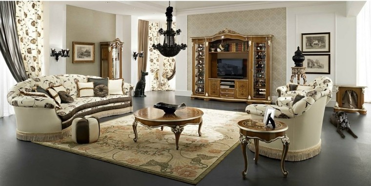 table baroque salon bois design tapis de sol canapé coussins luminaire suspension fauteuil 