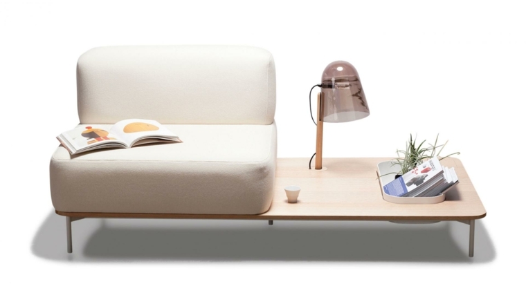 table banc bois intérieur salon moderne fauteuil blanc coussins