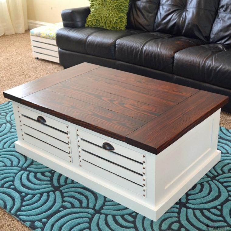table basse design rangement tiroirs bois salon canapé cuir tapis de sol