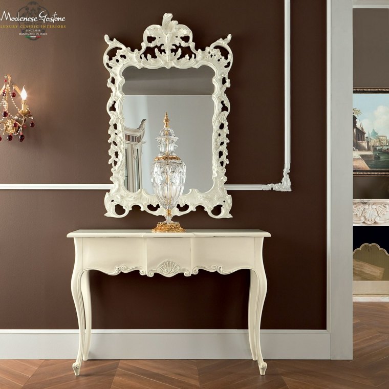 table baroque bois console idée entrée aménagement miroir mur déco cadre bois