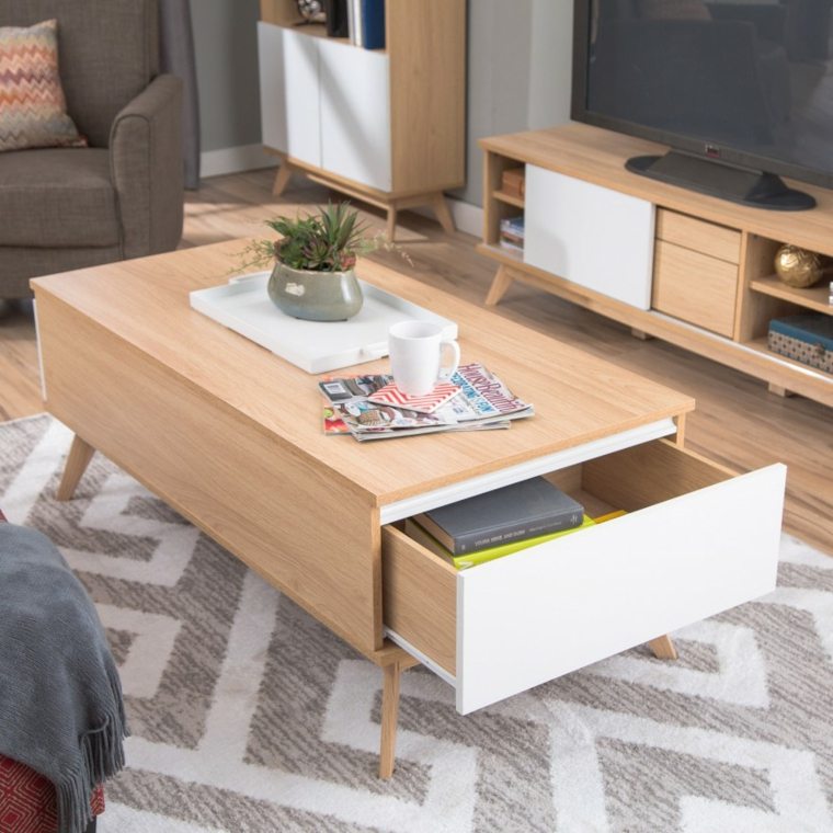 table basse bois clair design aménagement idée tapis de sol gris blanc fauteuil design