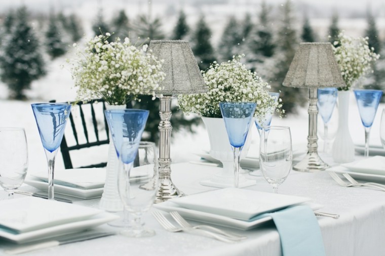 mariage hiver deco table blanc bleu