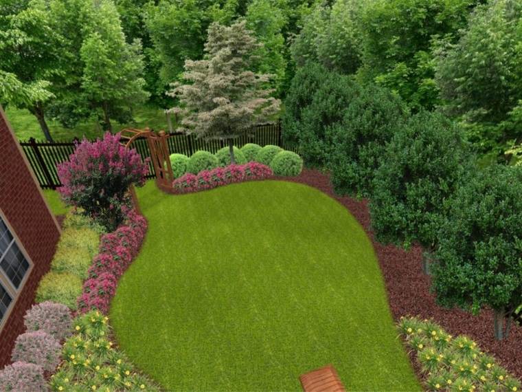 idée aménagement jardin paysager fleurs arbustes 
