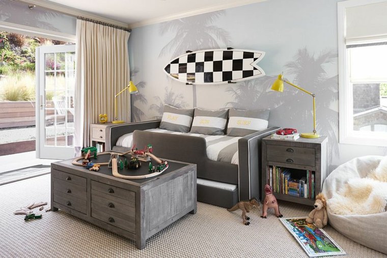 chambre pour enfant idée déco bureau lit canapé déco mur stickers papier peint palmes