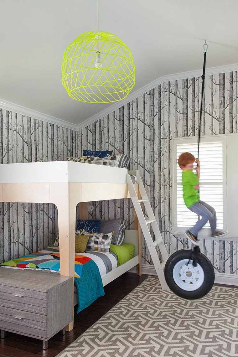 chambre pour enfant lit mezzanine tapis de sol gris papier peint