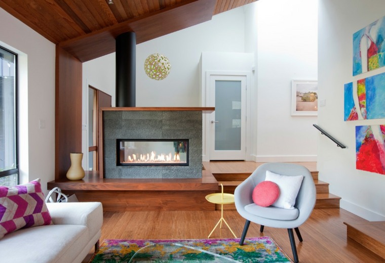 intérieur moderne séparateur pièce idée fauteuil coussin tapis de sol tableau mur 