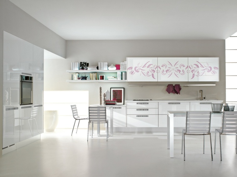 cuisine design blanche motifs rose
