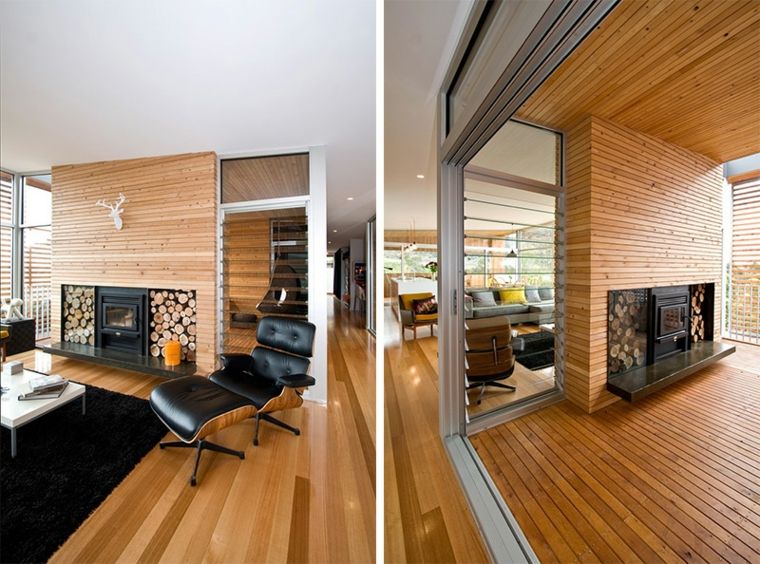 cheminée double face idée bois insert cheminée salon salle à manger chaise érgonomique 