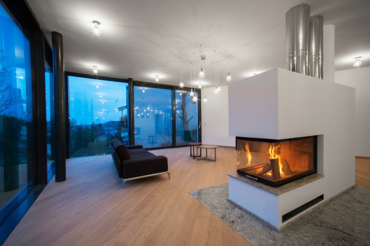 intérieur moderne cheminée insert salon idée c anapé noir parquet bois tapis de sol gris