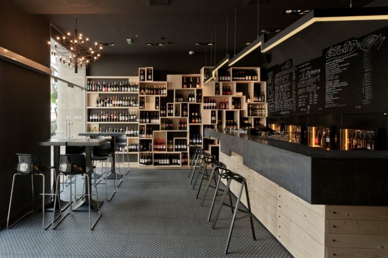 design intérieur moderne restaurant bar bois béton design tabourets