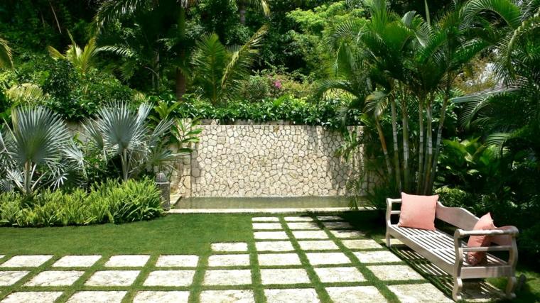 banc de jardin déco extérieure idée coussins mur pierres