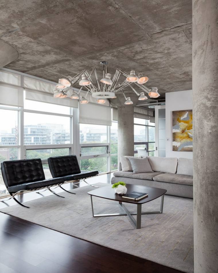 loft design moderne plafond béton luminaire suspension design table basse 
