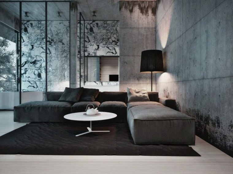 intérieur moderne béton bois design tapis de sol salon noir 