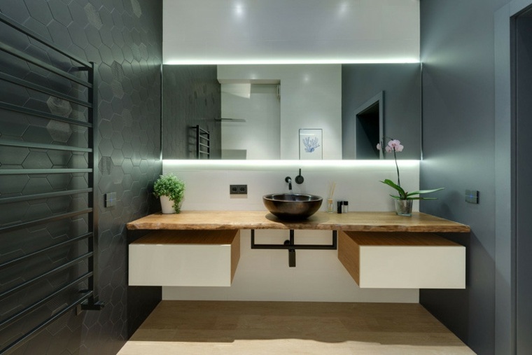 miroir salle de bains design carrelage hexagonal noir moderne tendance 