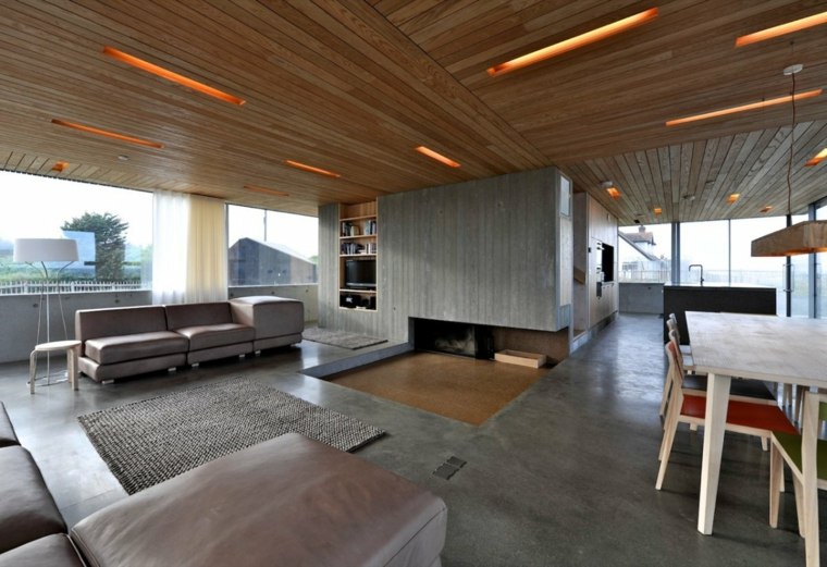 intérieur moderne salon béton bois design plafond bois salon
